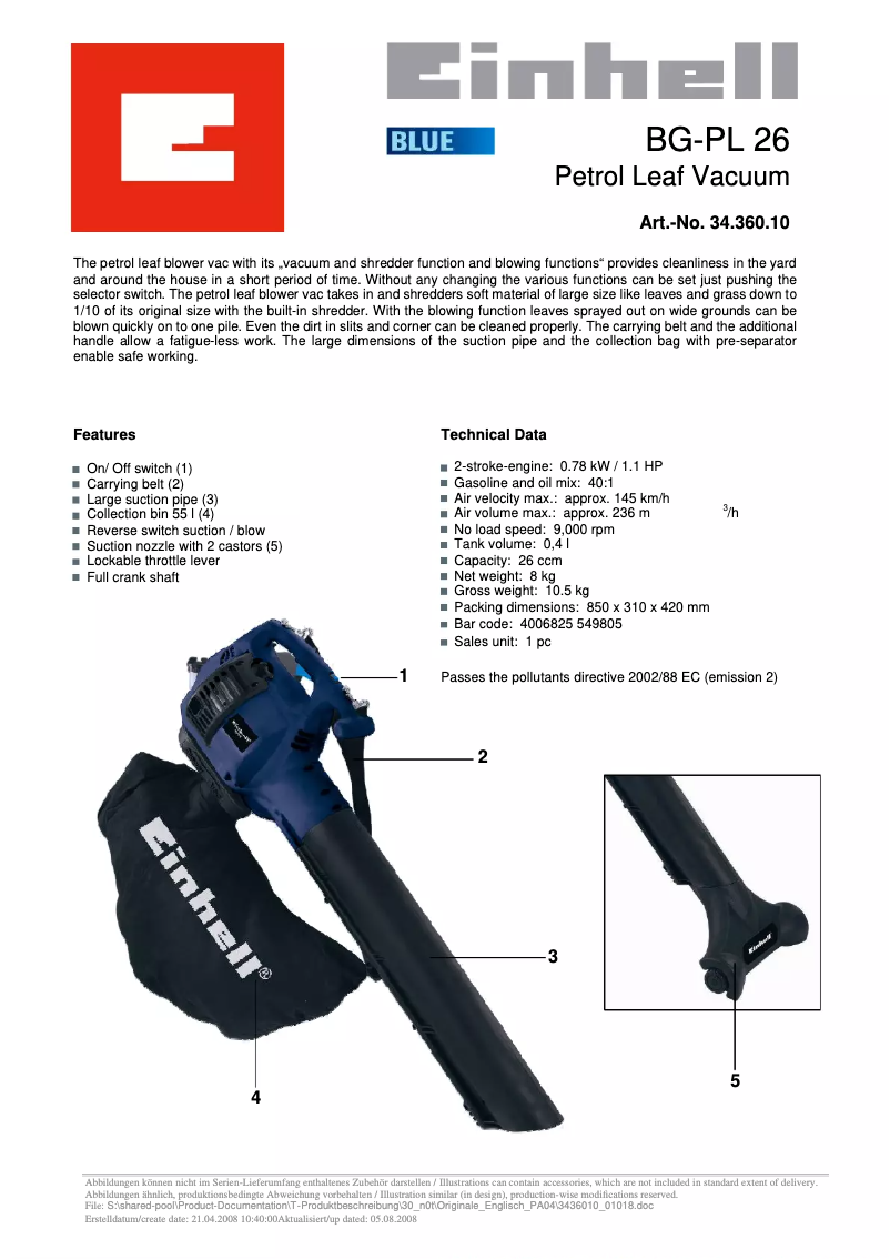Page 1 de la notice Fiche technique Einhell BG-PL 26