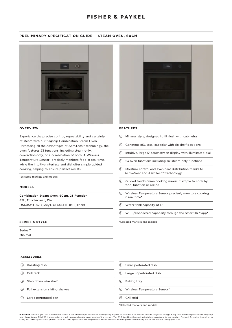 Page 1 de la notice Fiche technique Fisher & Paykel OS60SMTDB1
