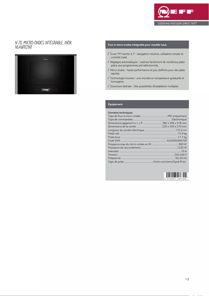 Page 1 de la notice Fiche technique Neff NL4WR21N1