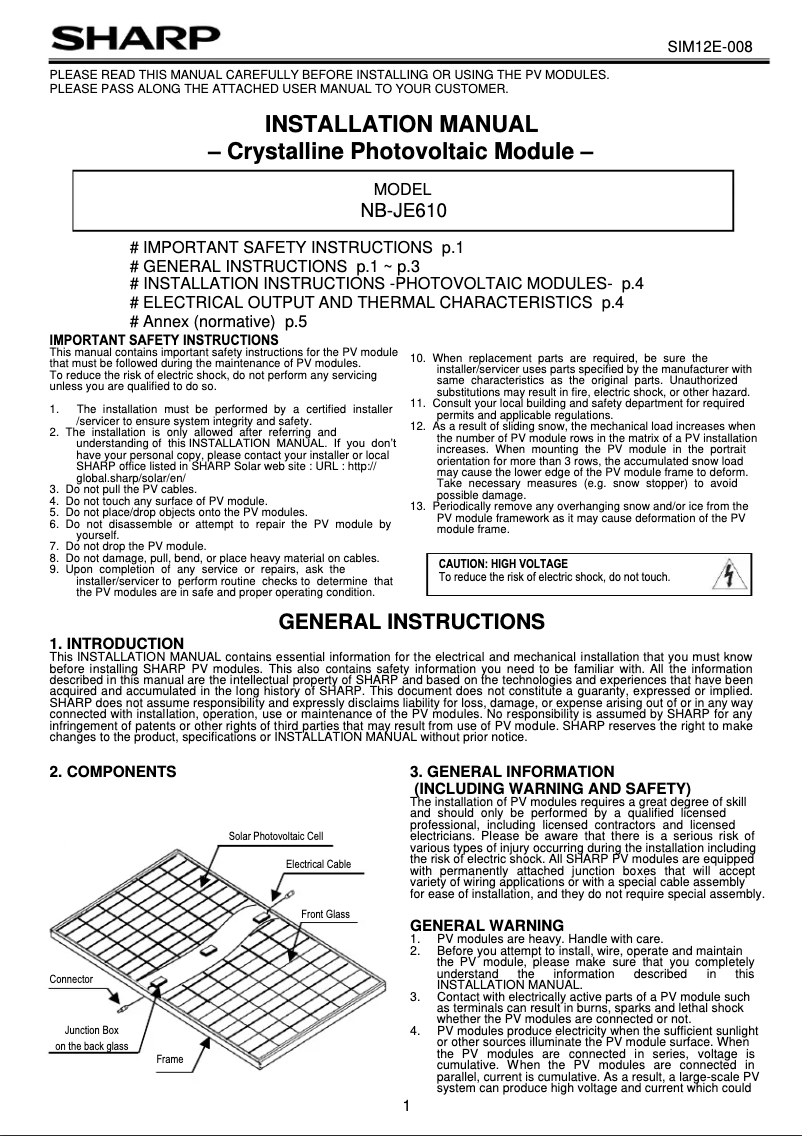 Page 1 de la notice Manuel utilisateur Sharp NB-JE610