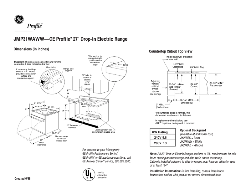 Page n°1 - Fiche technique GE Profile JMP31WAWW