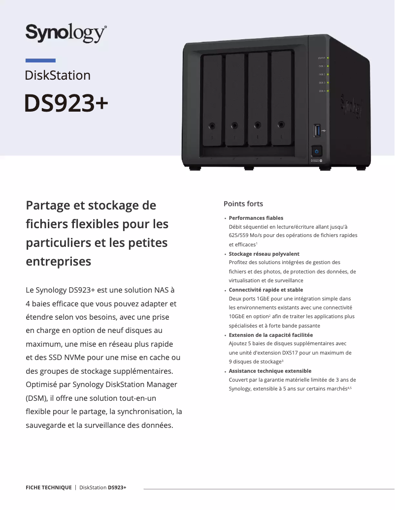 Page 1 de la notice Fiche technique Synology DiskStation DS923+