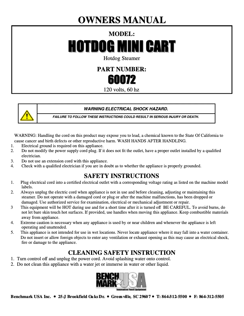 Page 1 de la notice Manuel utilisateur Benchmark USA Hot Dog Mini Cart