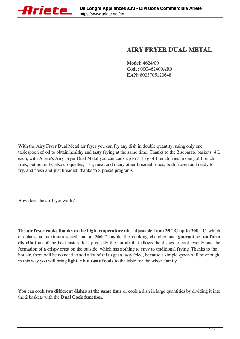 Page 1 de la notice Fiche technique Ariete 4624