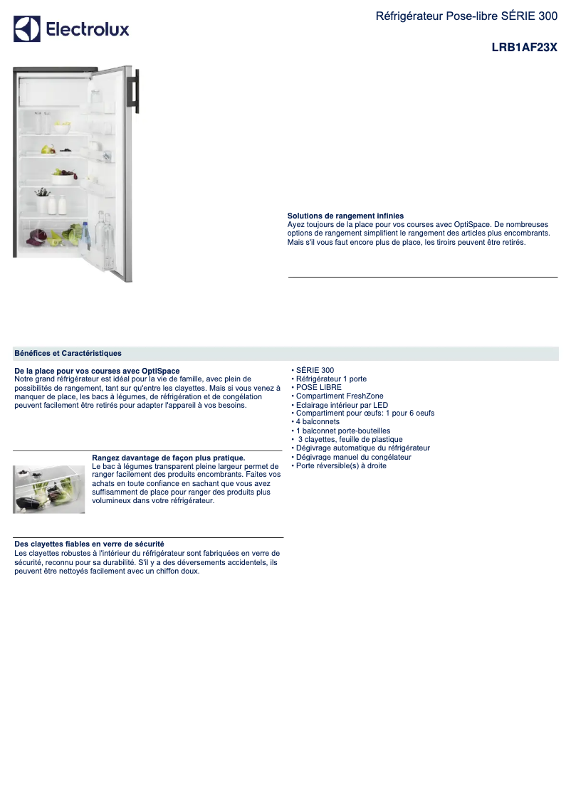 Page 1 de la notice Fiche technique Electrolux LRB1AF23X