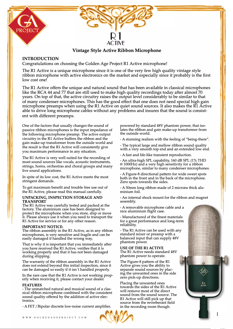 Page 1 de la notice Manuel utilisateur Golden Age Project R1 Active MKIII