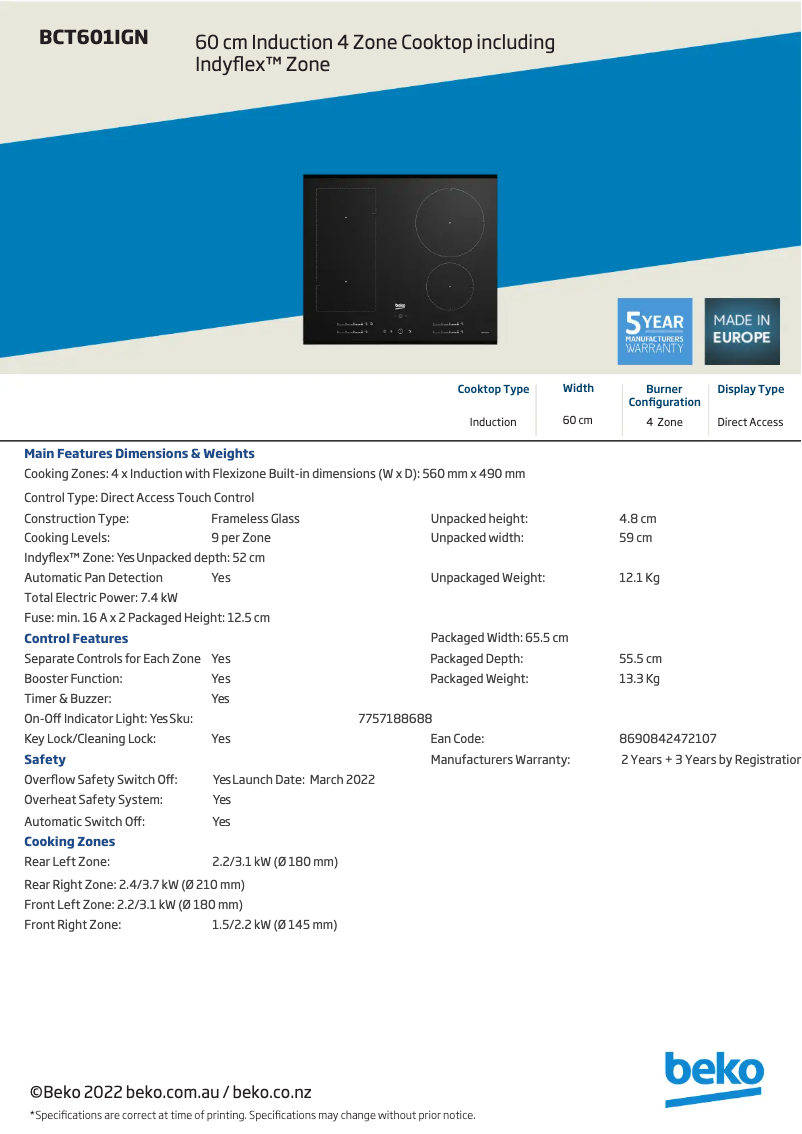 Page 1 de la notice Fiche technique Beko BCT601IGN