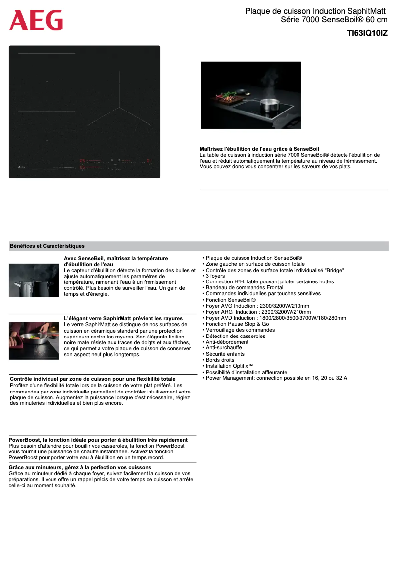 Page 1 de la notice Fiche technique AEG TI63IQ10IZ