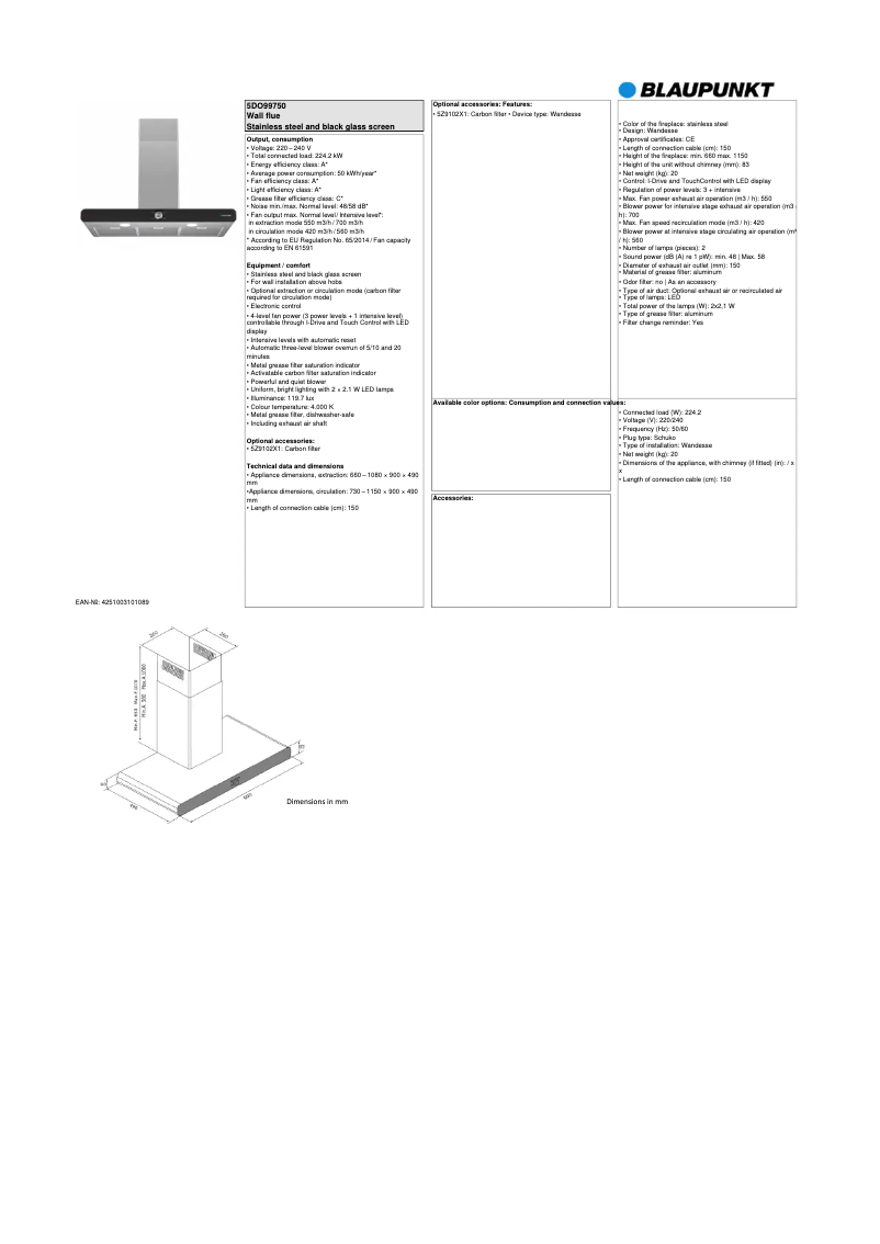 Página 1 del manual Ficha técnica Blaupunkt 5DO99750
