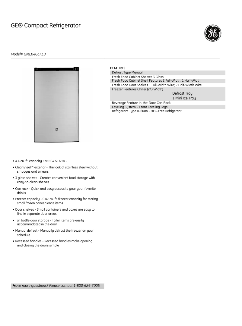 Page 1 de la notice Fiche technique GE GME04GLKLB