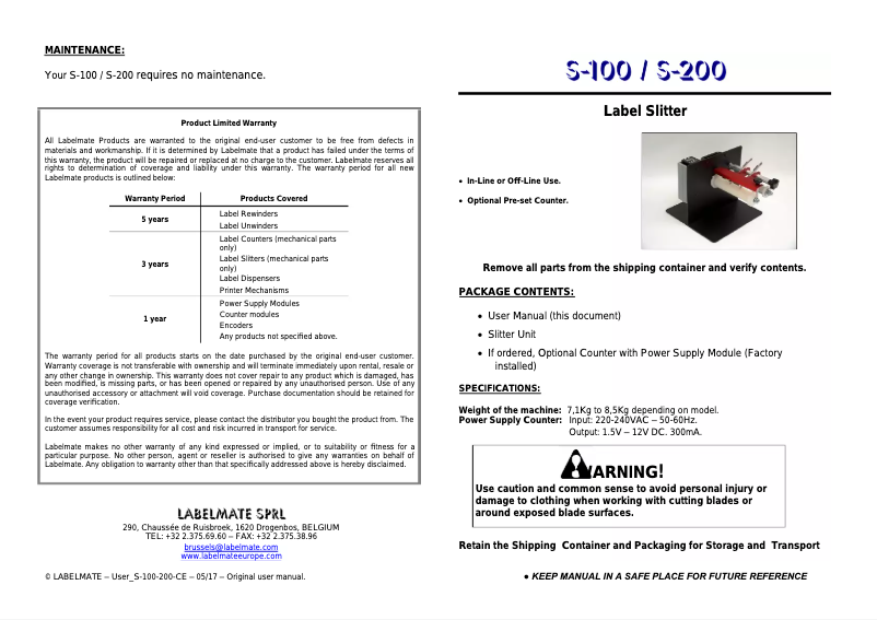 Image de la première page du manuel de l'appareil S-100S