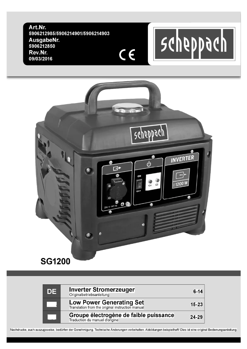 Page 1 de la notice Manuel utilisateur Scheppach SG1200