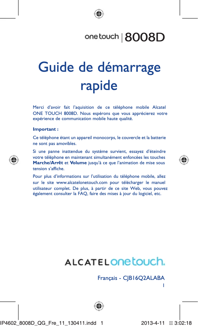 Page 1 de la notice Manuel utilisateur Alcatel One Touch Scribe HD