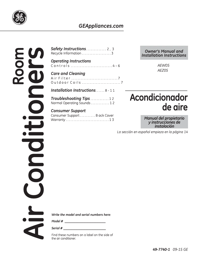Page n°1 - Guide d'installation GE AEW05LV