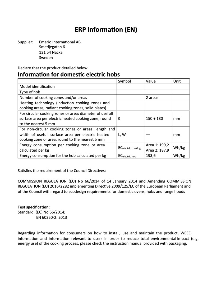 Page 1 de la notice Fiche technique Emerio HP-114482.1