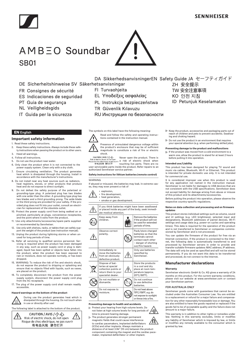 Page 1 de la notice Instructions de sécurité Sennheiser AMBEO SB01