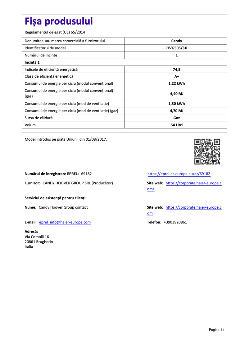 Page 1 de la notice Manuel utilisateur Candy OVG505/3X