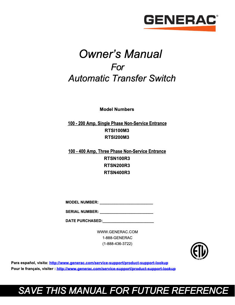 Página 1 del manual Manual de usuario Generac RTSI100M3