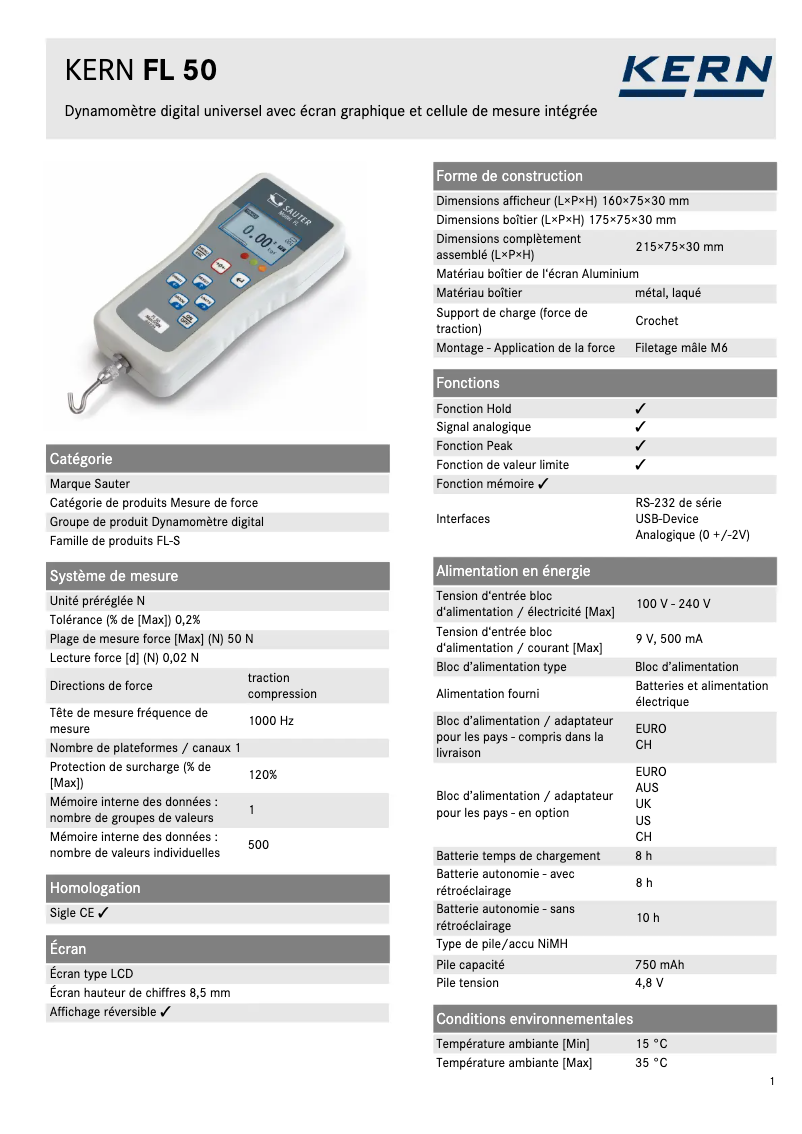 Page 1 de la notice Fiche technique Sauter FL 50
