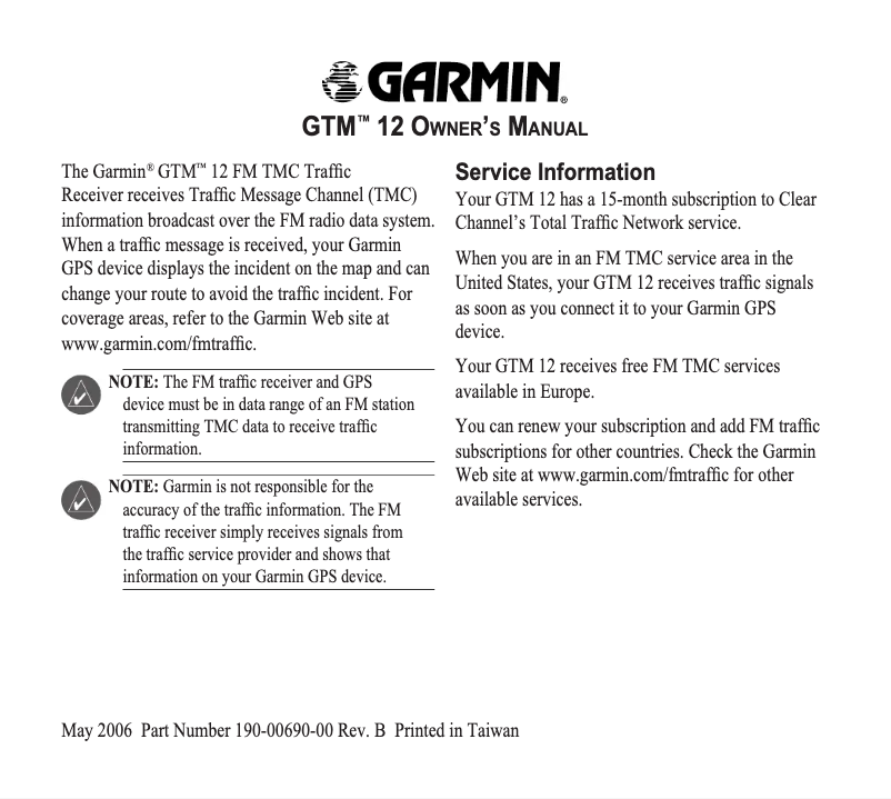 Page 1 de la notice Manuel utilisateur Garmin GTM 12 TMC