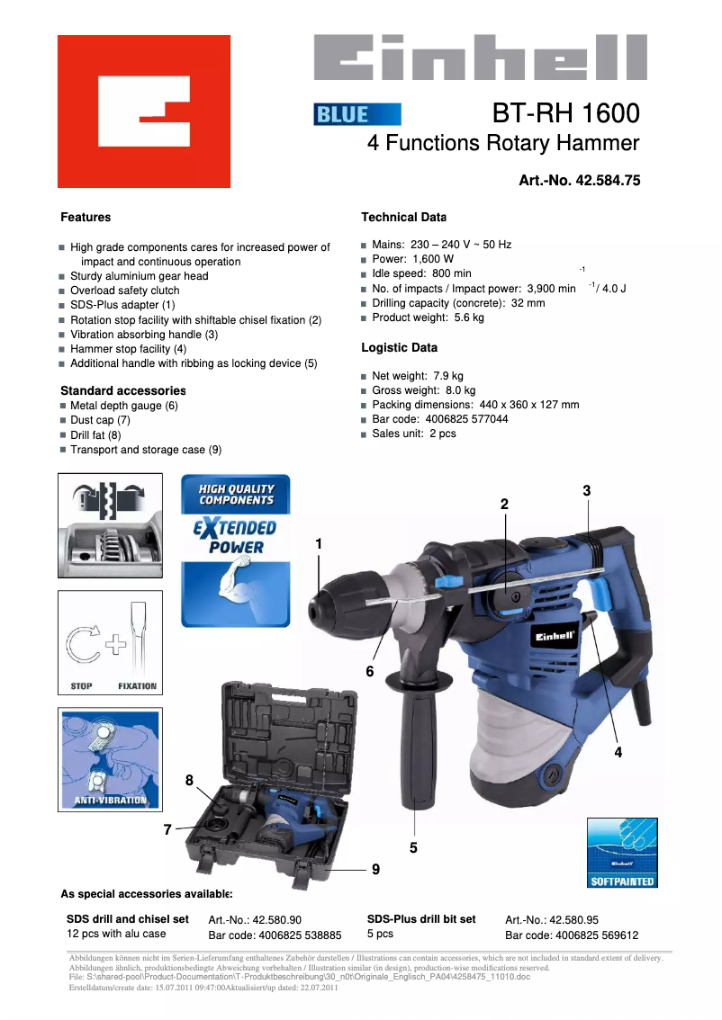 Page 1 de la notice Fiche technique Einhell BT-RH 1600