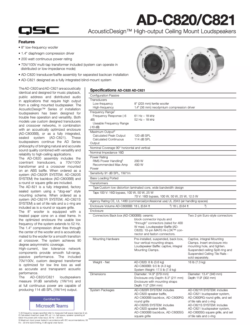 Page 1 de la notice Fiche technique QSC AcousticDesign AD-C820
