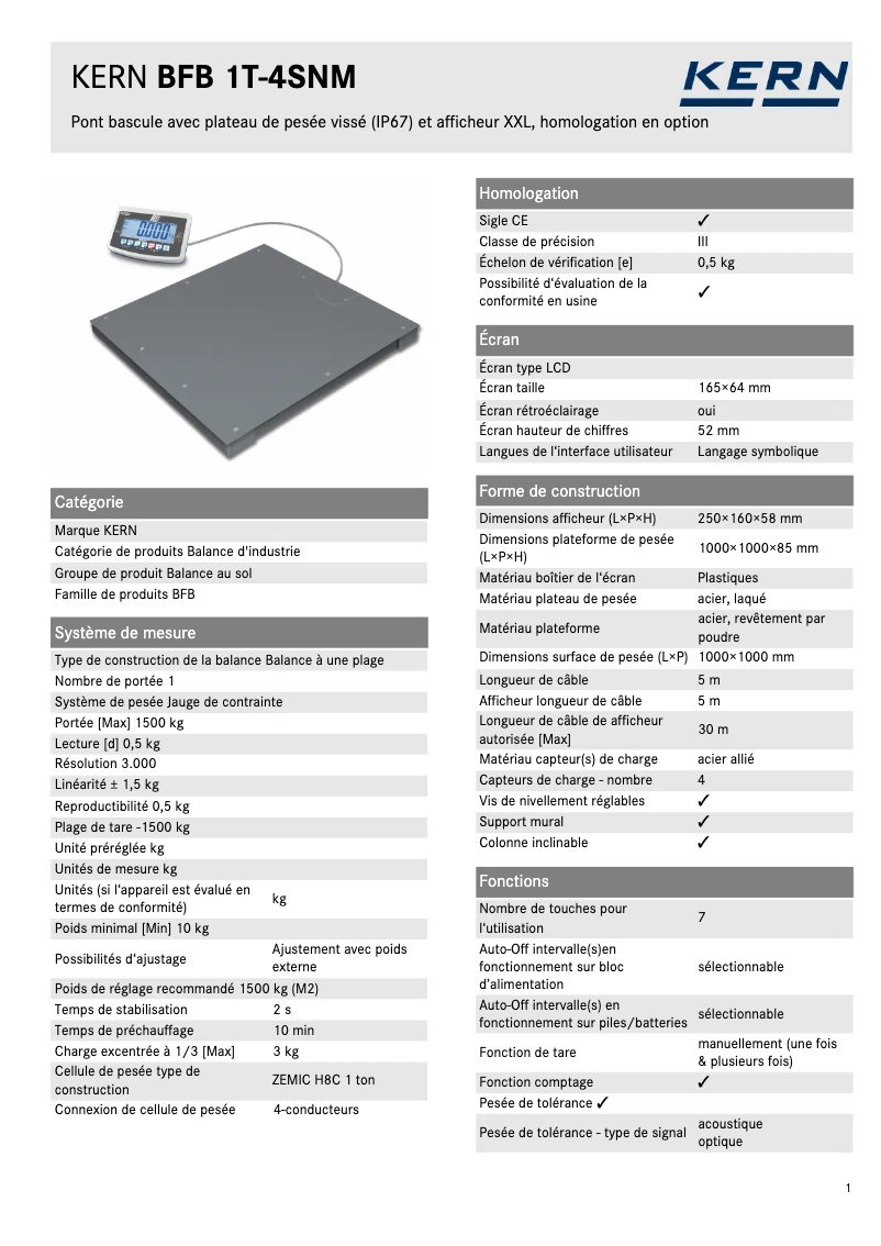 Page 1 de la notice Fiche technique Kern BFB 1T-4SAM