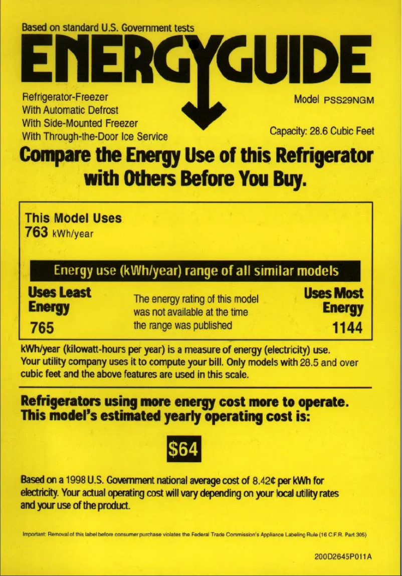 Page 1 de la notice Label énergétique GE Profile Arctica PSS29NGMWW
