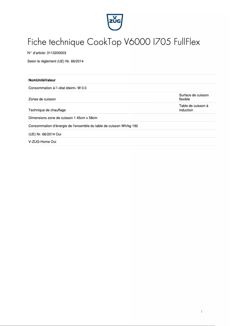 Page 1 de la notice Fiche technique V-Zug CookTop V6000 I705 FullFlex