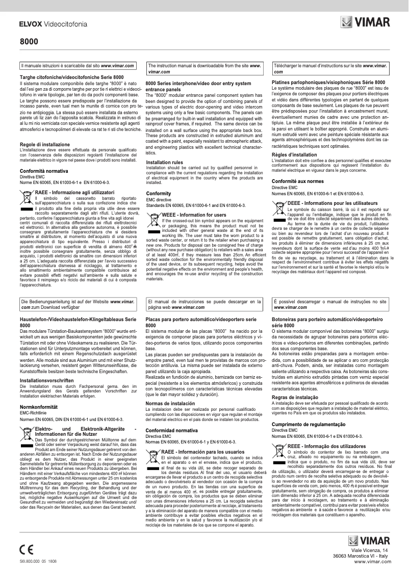 Page n°1 - Manuel utilisateur Vimar ELVOX 80N1