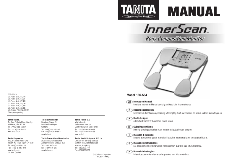 Page 1 de la notice Manuel utilisateur Tanita InnerScan BC-534