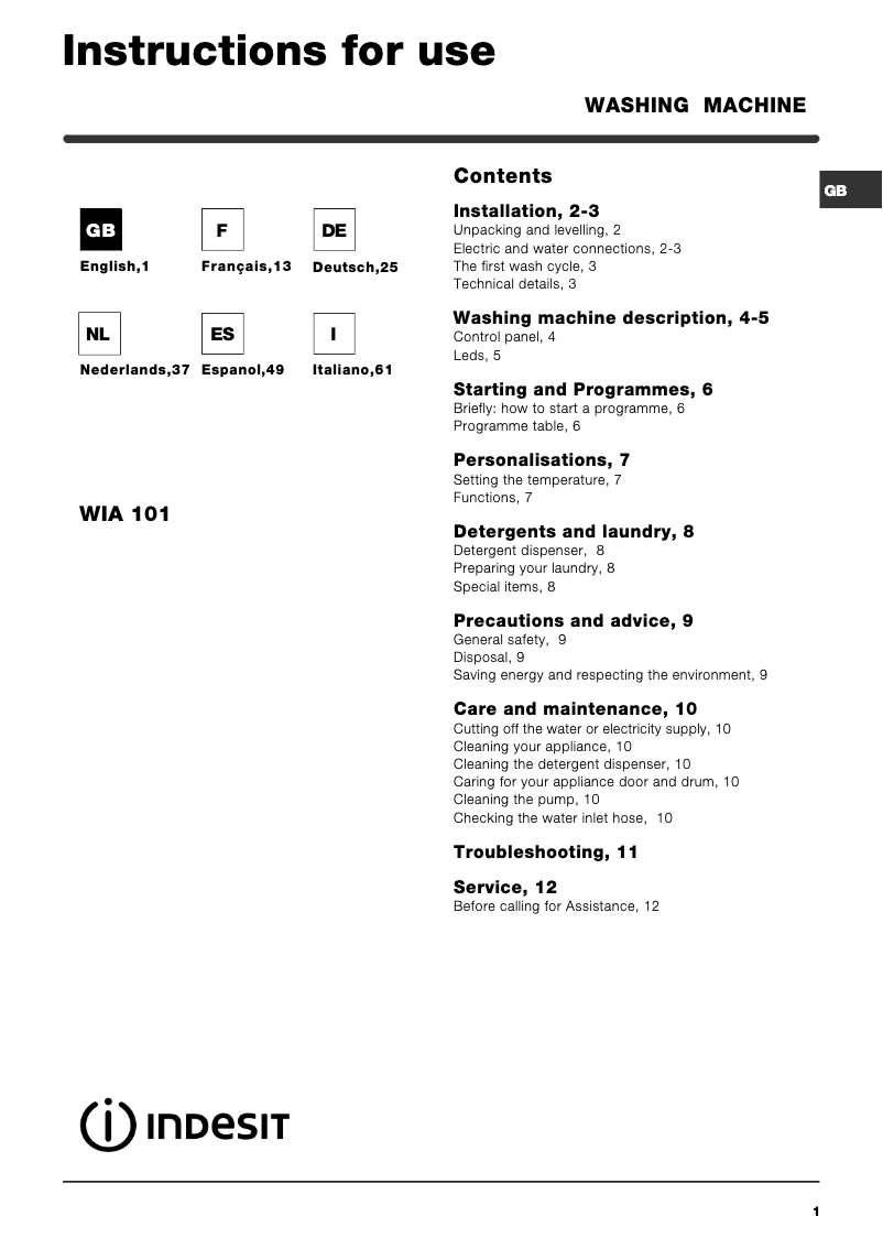 Image de la première page du manuel de l'appareil WIA 101