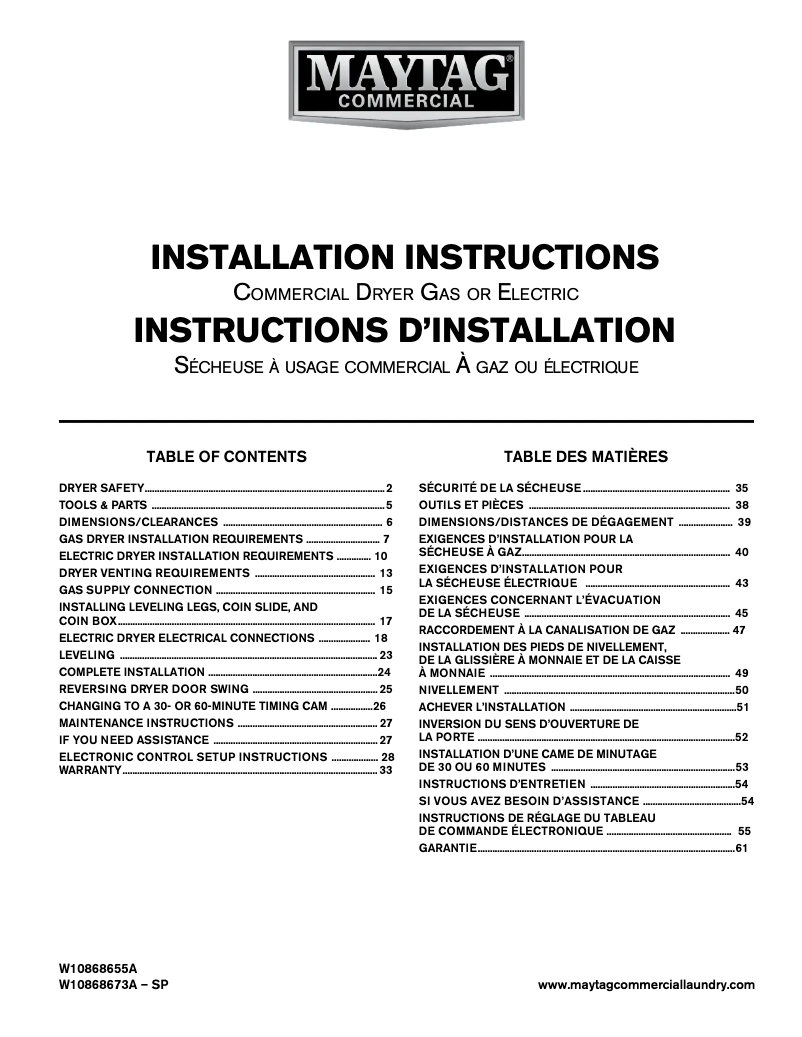 Page n°1 - Guide d'installation Maytag MDE20MNBYW