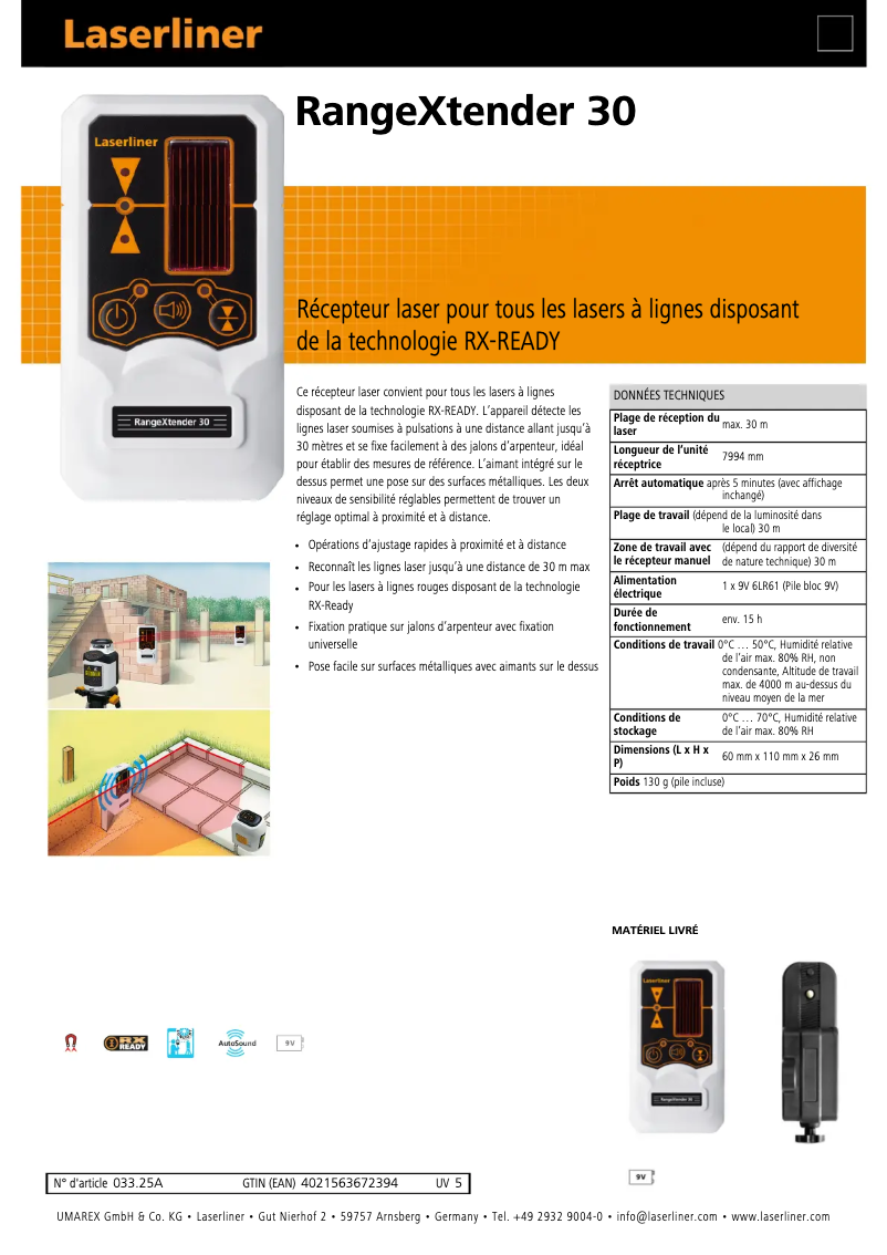 Page 1 de la notice Fiche technique Laserliner RangeXtender 30