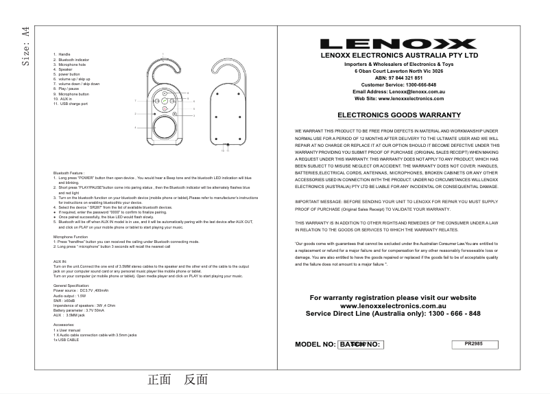 Page 1 de la notice Manuel utilisateur Lenoxx SR287