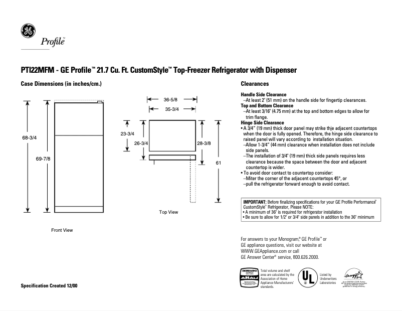 Imagen de la primera página del manual del dispositivo Profile CustomStyle PTI22MFMLWW