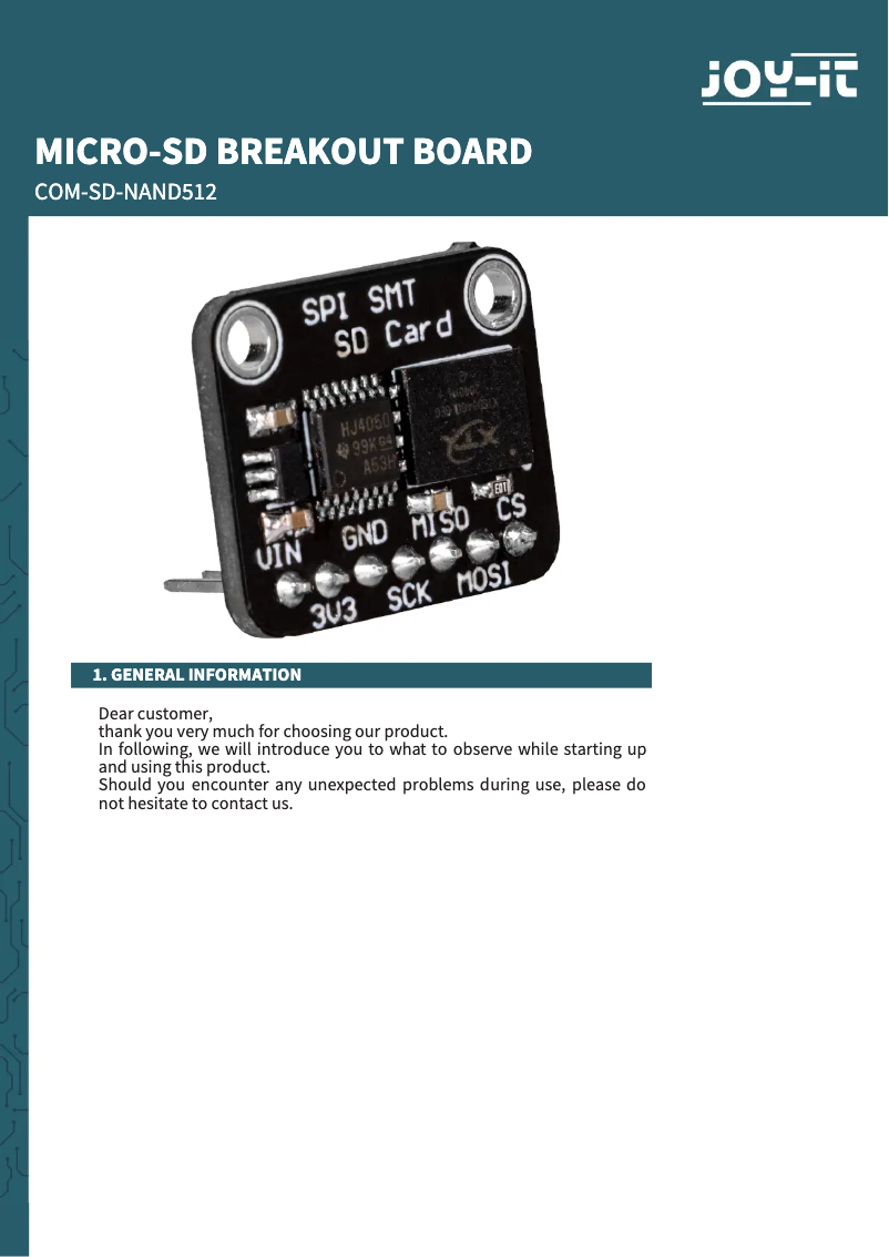 Page 1 de la notice Manuel utilisateur Joy-It COM-SD-NAND512