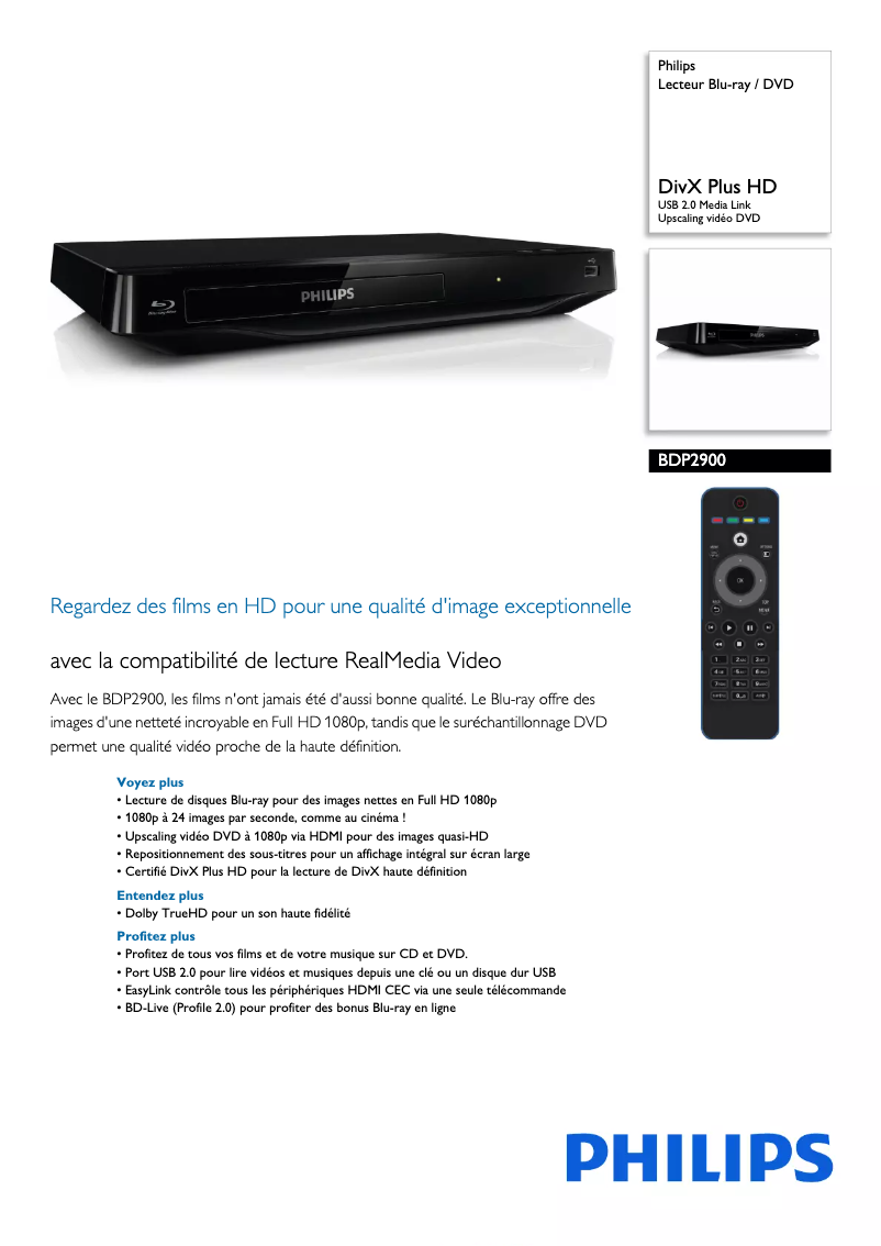 Page 1 de la notice Fiche technique Philips BDP2900