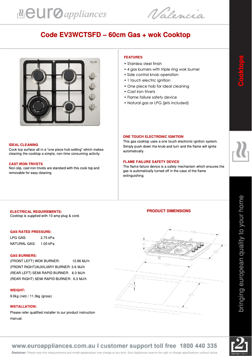 Page 1 de la notice Fiche technique Euro Appliances EV3WCTSFD