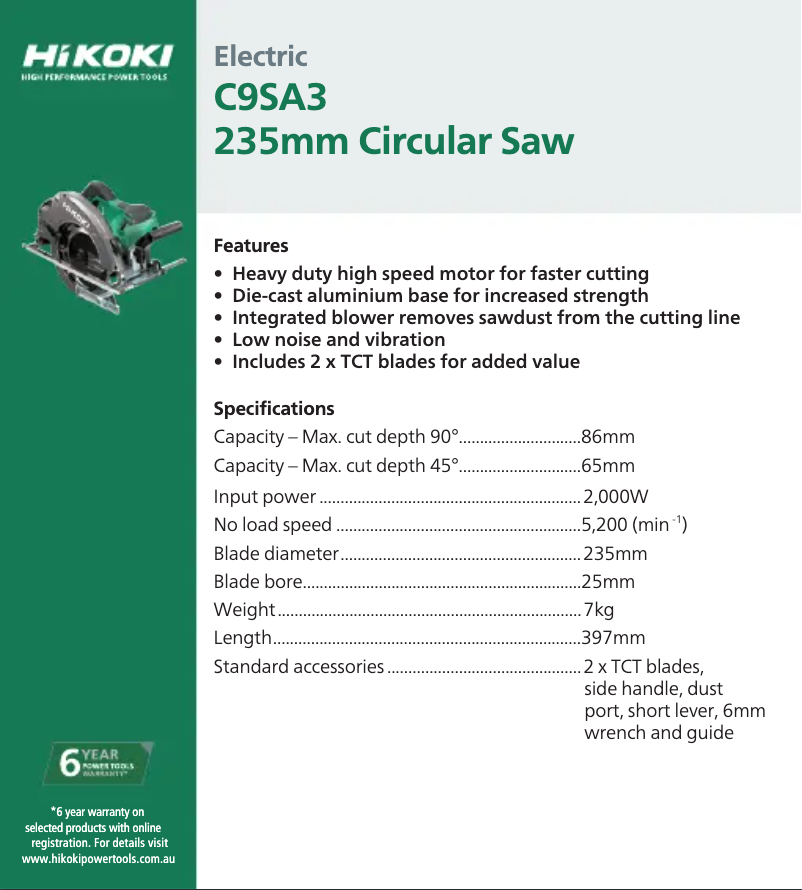 Page 1 de la notice Fiche technique HiKOKI C 9SA3