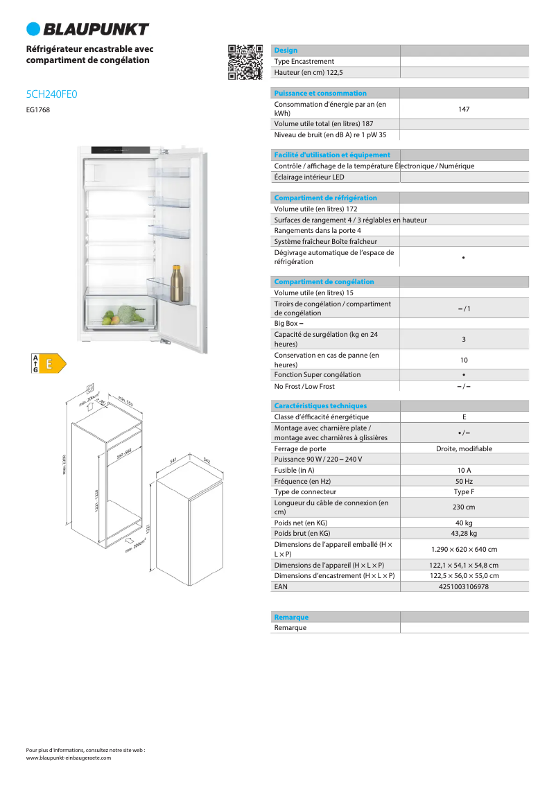 Page n°1 - Fiche technique Blaupunkt 5CH240FE0