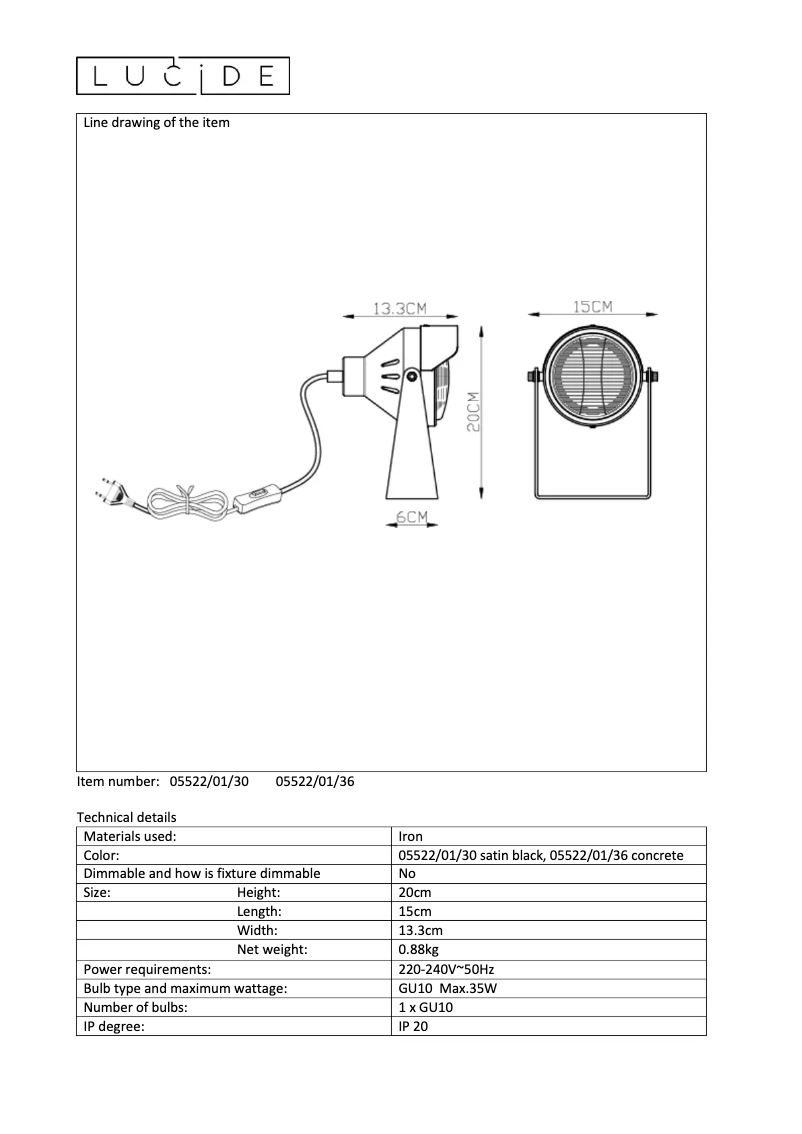 Page n°1 - Manuel utilisateur Lucide Cicleta 05522/01/36
