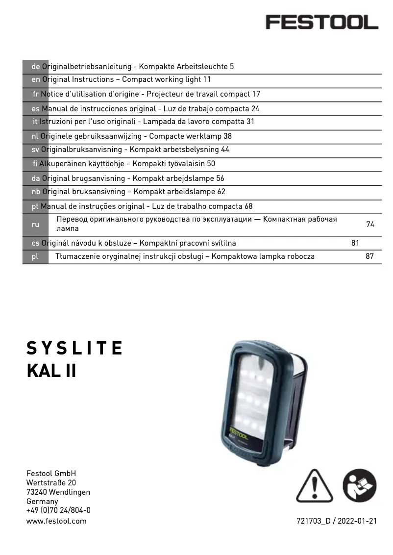 Page n°1 - Manuel utilisateur Festool Syslite KAL II