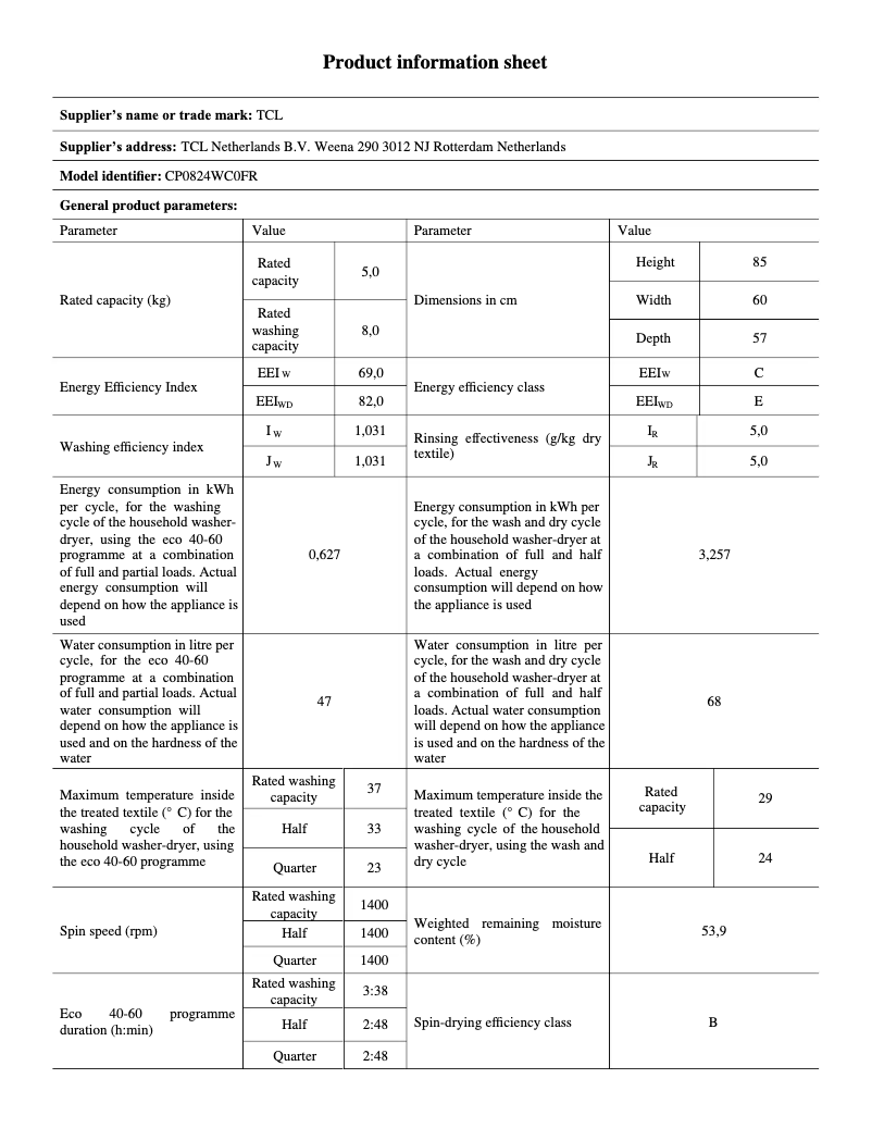Page 1 de la notice Fiche technique TCL CP0824WC0