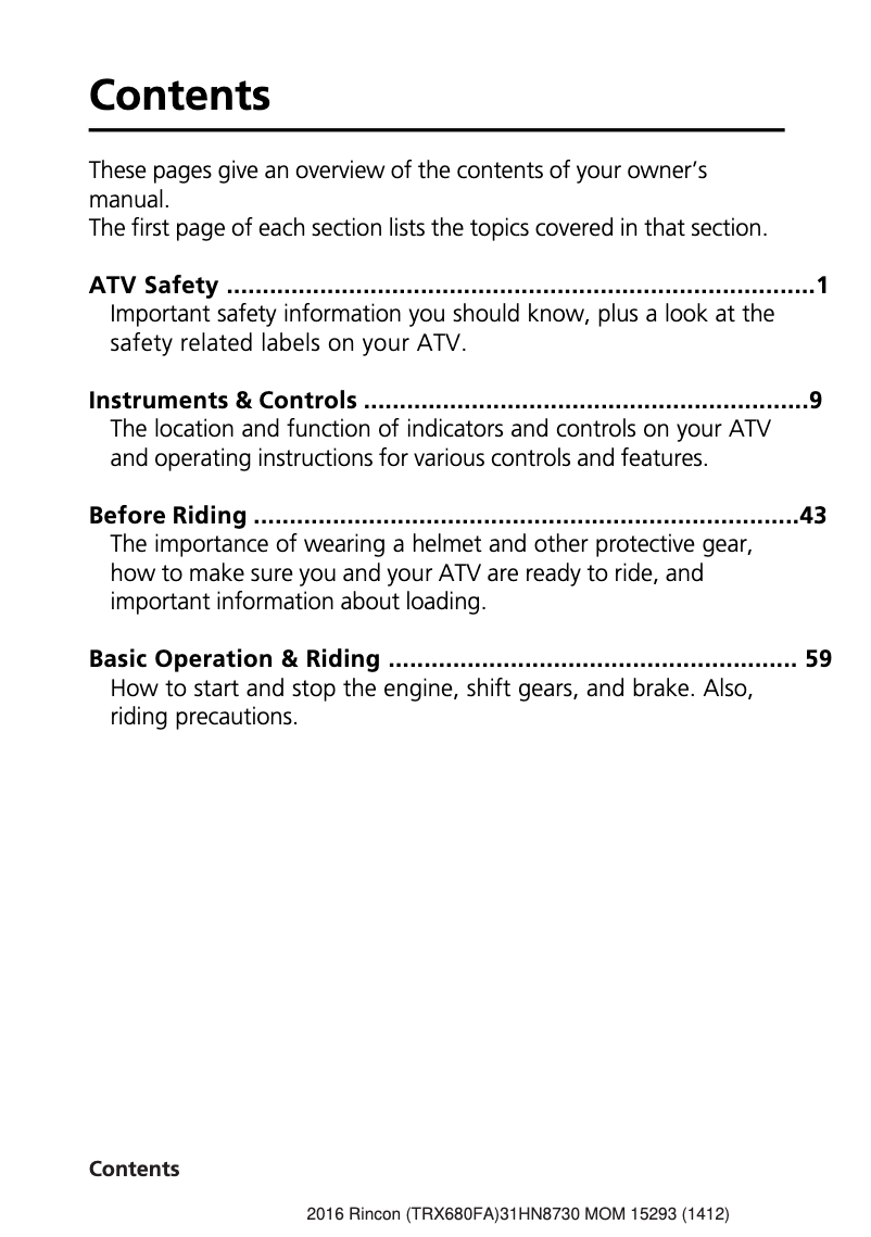Página 1 del manual Manual de usuario Honda FourTrax Rincon TRX680FA (2016)