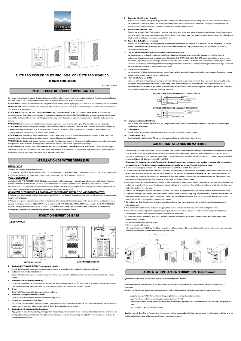 Image de la première page du manuel de l'appareil ELITE PRO 1000ELCD