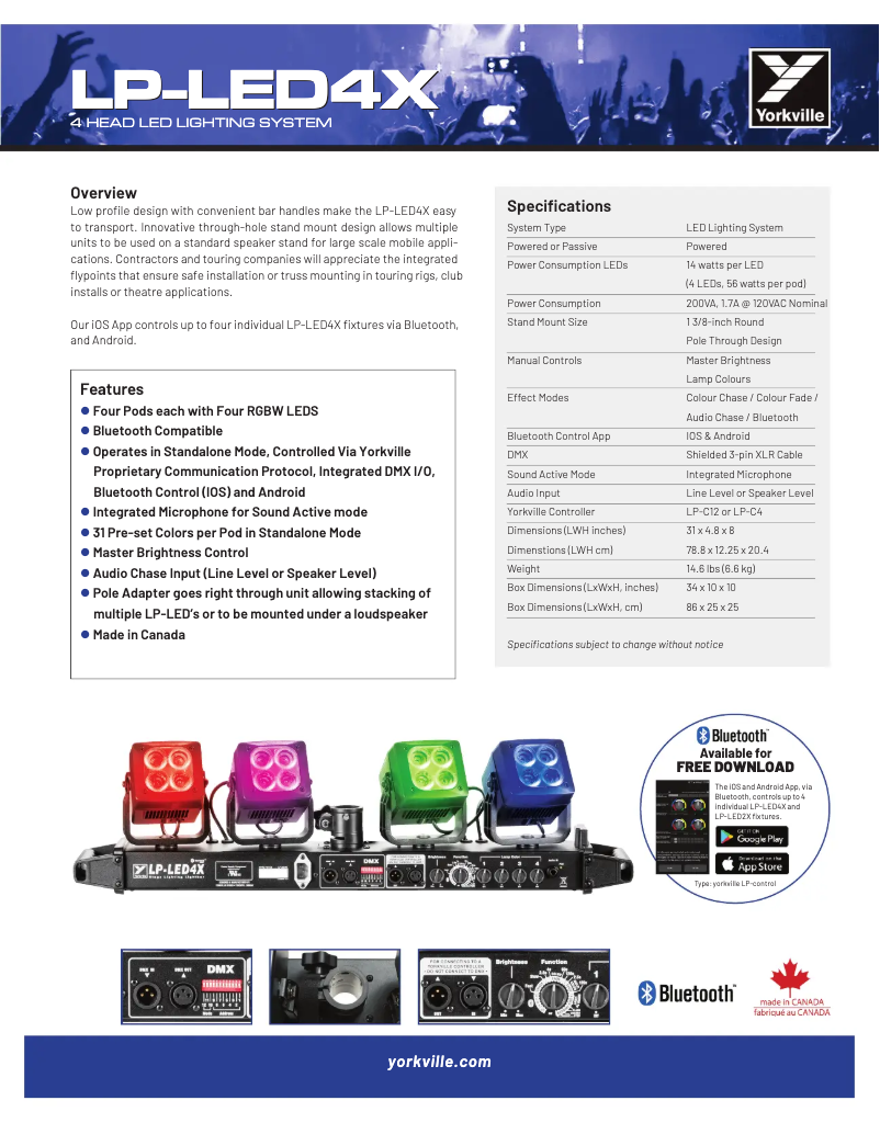 Page 1 de la notice Fiche technique Yorkville LP-LED4X