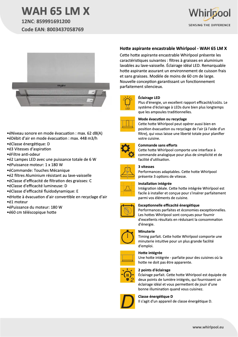 Page 1 de la notice Fiche technique Whirlpool WAH 65 LM X