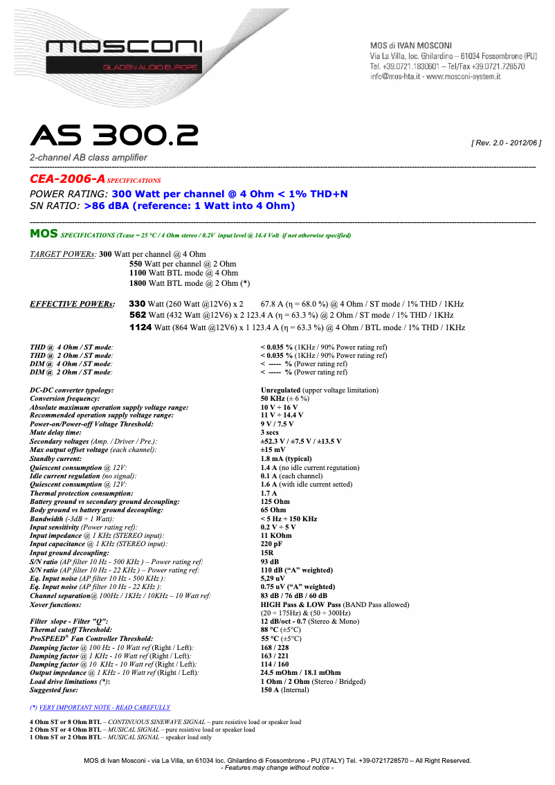 Page 1 de la notice Fiche technique Mosconi AS 300.2