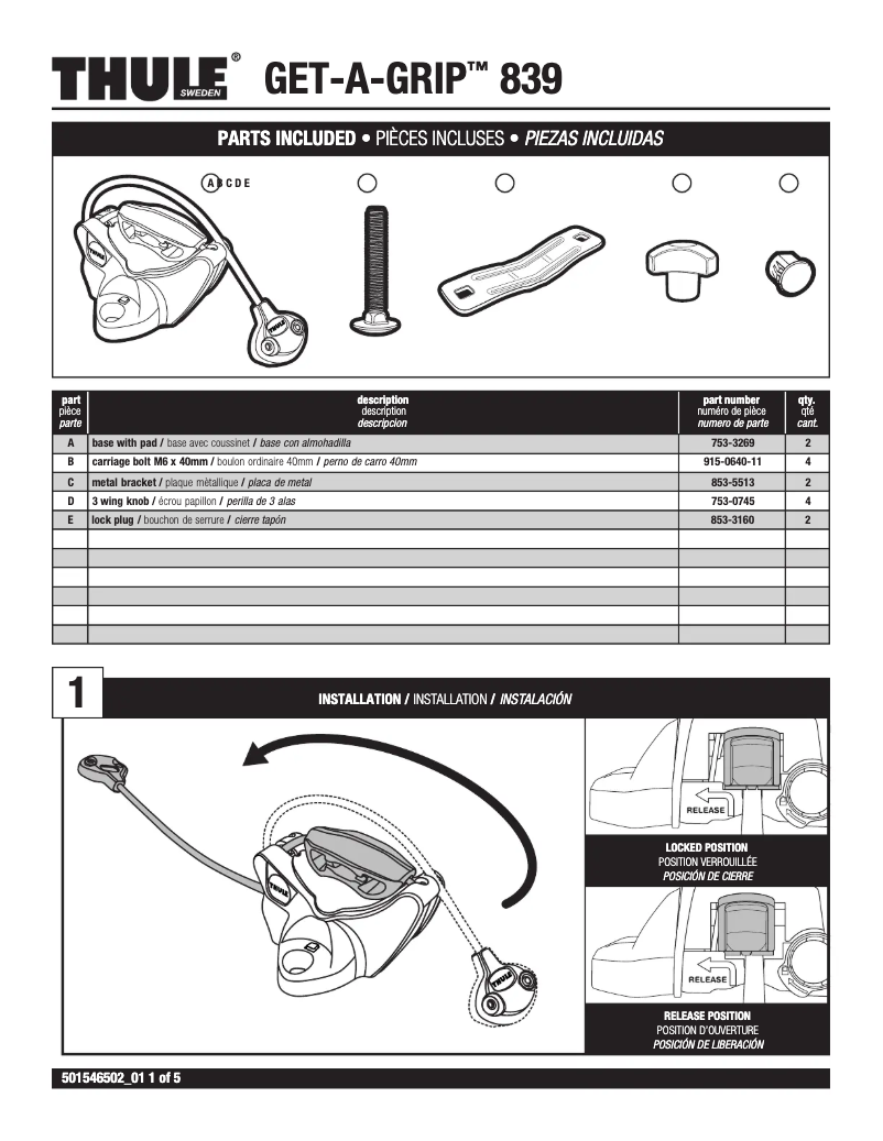 Page 1 de la notice Manuel utilisateur Thule Get-a-Grip 839